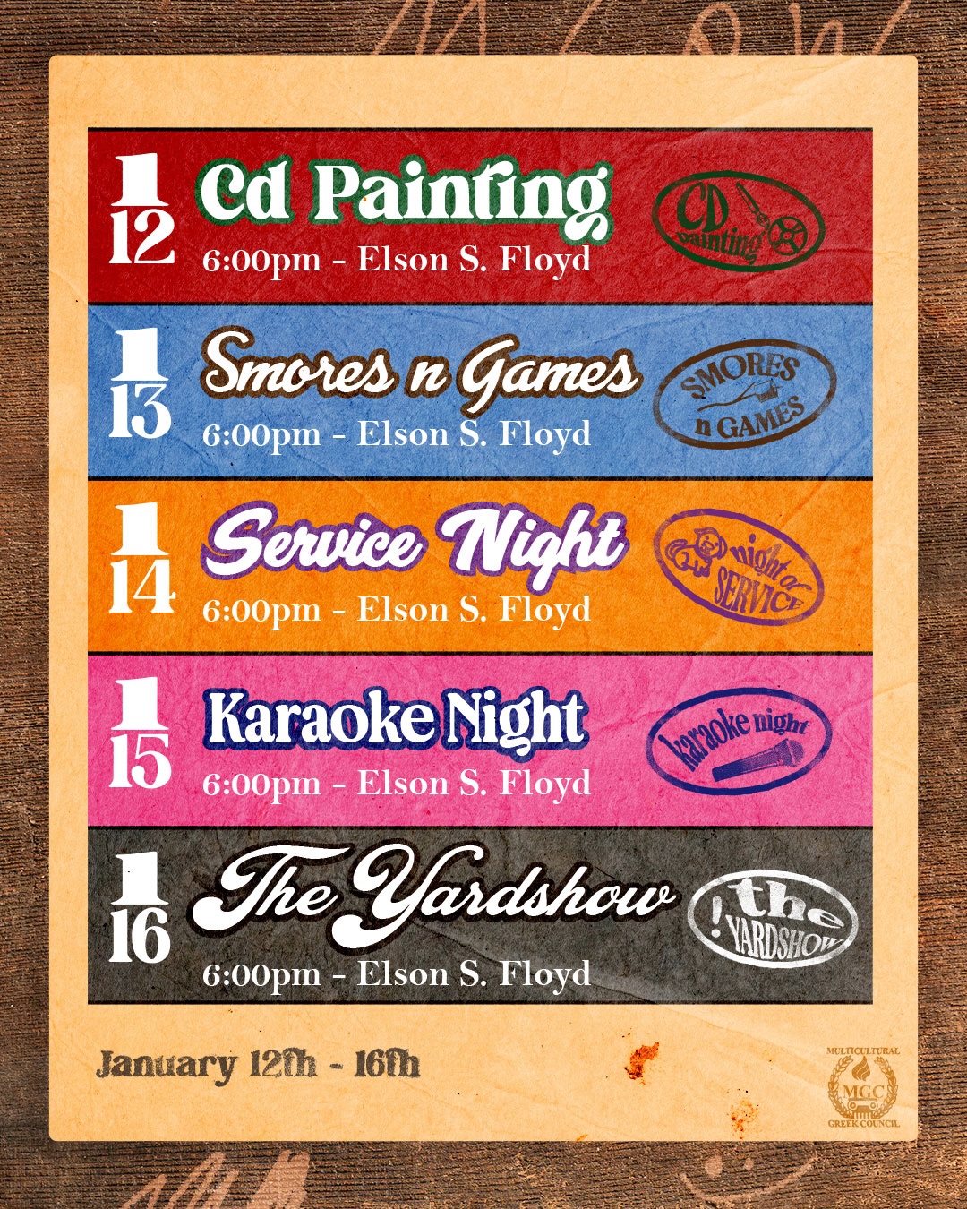 Greetings from P-Town, IT’S MGRW SEASON!
It’s officially that time of year again here at MGC, 5 days, 5 events and UNLIMITED OPPORTUNITIES to get to know the MGC community here at Washington State University!
📆WEEKLY SCHEDULE📆
MONDAY - CD Painting💿
Join us in custom painting your own CD with the MGC community!
Elson S Floyd Center - 6:00pm
TUESDAY - Smores n Games⛺️
Enjoy some smores and board games with the MGC community!
Elson S Floyd Center - 6:00pm
WEDNESDAY - Service Night🧶
Help us make blankets for the WSU Humane Society!
Elson S Floyd Center - 6:00pm
THURSDAY - Karaoke Night🎤
Sing some songs with members from MECHA, BSU and APASC!
Elson S Floyd Center - 6:00pm
FRIDAY - The Yardshow🪩
Come watch our MGC orgs stroll and show off a special piece of MGC culture!
Elson S Floyd Center - 6:00pm
We can’t wait to see you all there!
@wsu.ataus @wsu_anu @aka_kappasigma @kappapi_nupes @wsuchisigs @wsu.syz @gaowsu @kdchi_wsu @wsu.chidsig @oemete @wazzulambdas @lta_zetasigma @wazzugammas @galloswsu @wsu.odphi